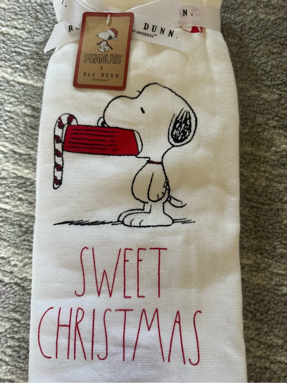 Rae Dunn White Tea Towel with Snoopy Red & Black Holiday Design